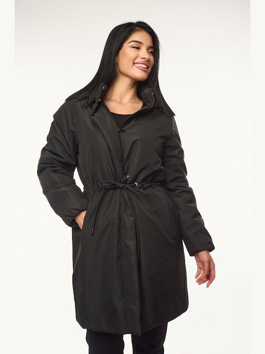 Women's Long Lifestyle Jacket for Winter with Hood Black