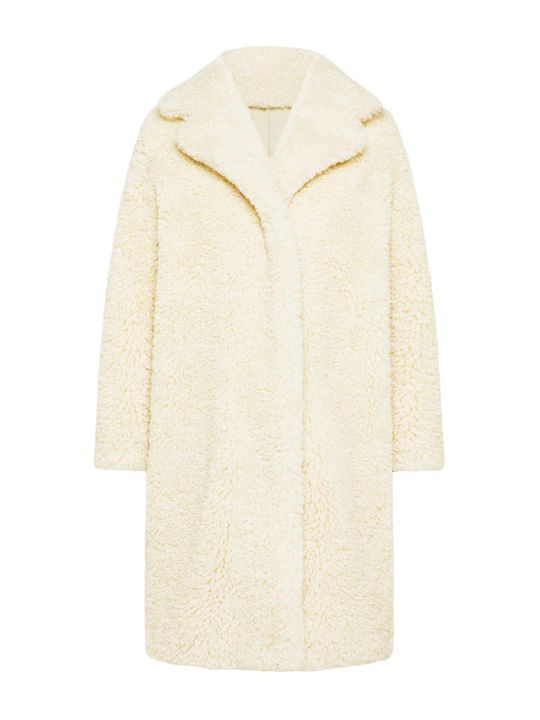 Damen Ecru Mantel Teddy mit Fellbesatz