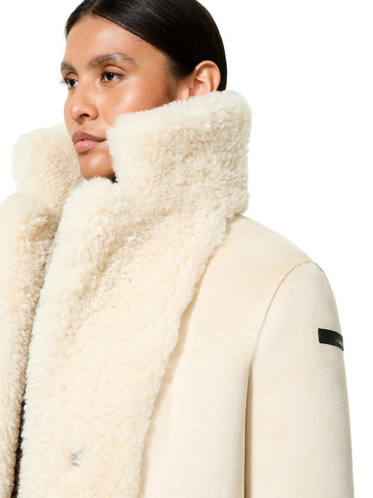 Damen Ecru Mantel Teddy mit Fellbesatz