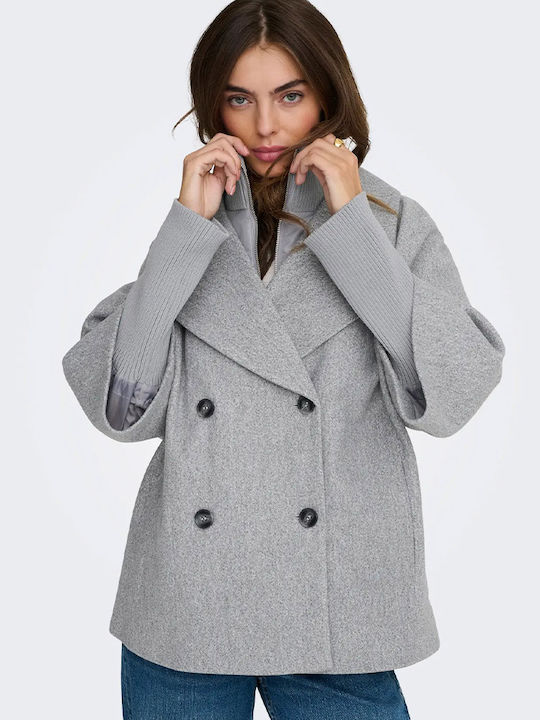 Wool Women's Gray Peacoat with Buttons