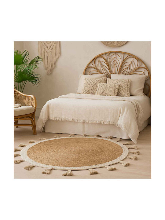 Espiel Seagrass Teppich Rund Sommer aus Jute mit Fransen Beige