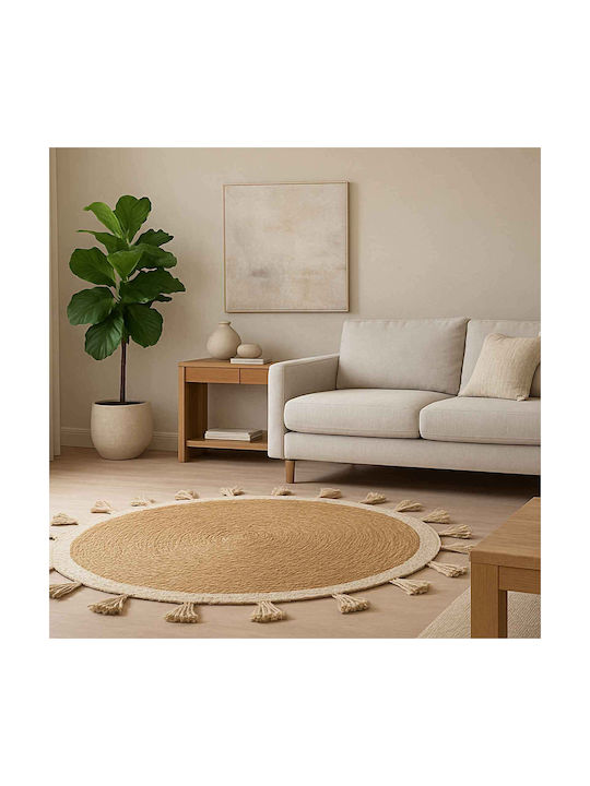 Espiel Seagrass Teppich Rund Sommer aus Jute mit Fransen Beige