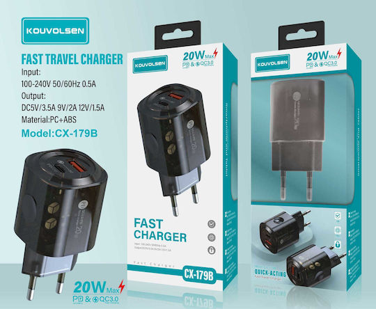 Φορτιστής Χωρίς Καλώδιο με Θύρα USB-A και Θύρα USB-C 20W Μαύρος (CX-179B)