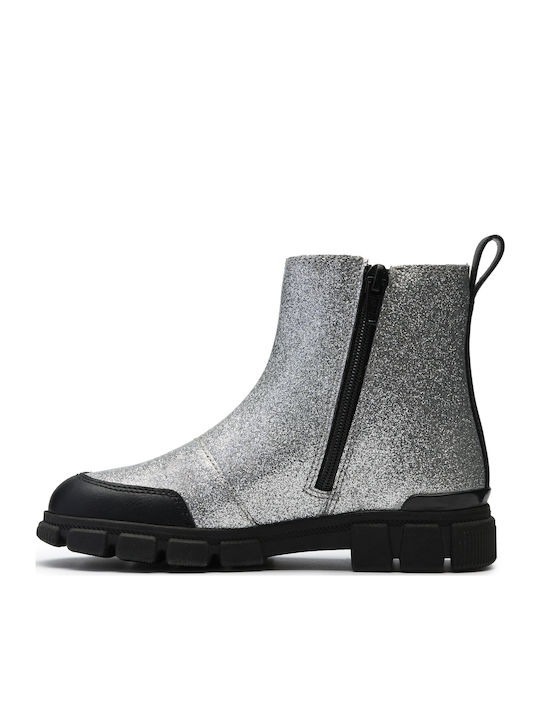 Evyn Chelsea Leather Kids Boots with Zipper Silver