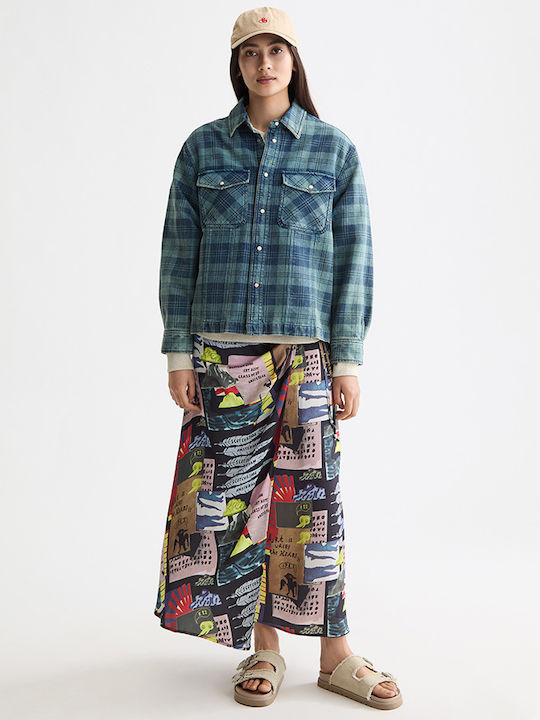 Women's Denim Checked Long Sleeve Shirt Blue