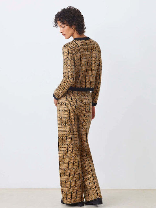 Gestrickte Damen Strickjacke mit Knöpfen Camel/Schwarz