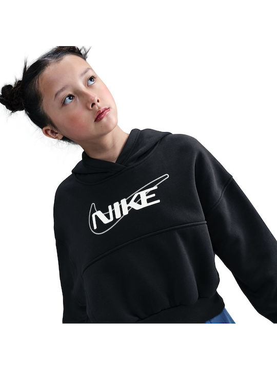 Fleece Παιδικό Φούτερ Cropped με Κουκούλα και Τσέπες Μαύρο Sportswear Club