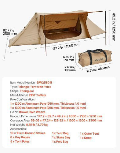 Vevor Σκηνή Camping Μπεζ για 2 Άτομα 330x120εκ.