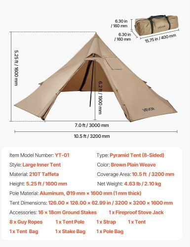 Vevor Σκηνή Camping Teepee Καφέ 4 Εποχών για 2 Άτομα