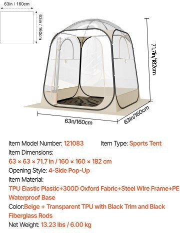 Vevor Winter Camping Tent Pop Up Transparent 160x160x182cm