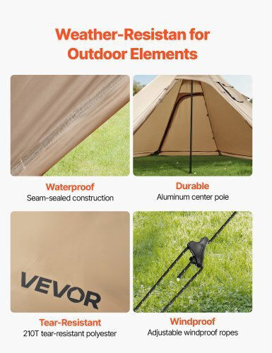 Vevor Σκηνή Camping Teepee Καφέ 4 Εποχών για 4 Άτομα 400x400x200εκ.