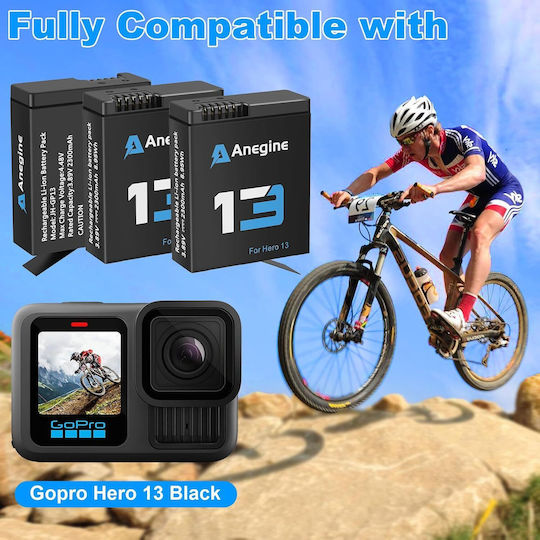 Set 3 Baterii 2300 mAh GoPro Hero 13 Încărcător Negru Cu 3 Sloturi Ecran LCD Cablu USB-A Slot USB-C Negru