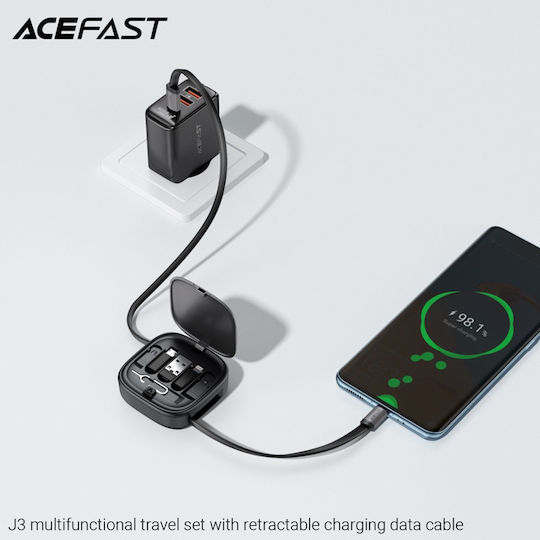 Acefast Retractable USB to Lightning / micro USB Cable 3A Μαύρο 0.95m
