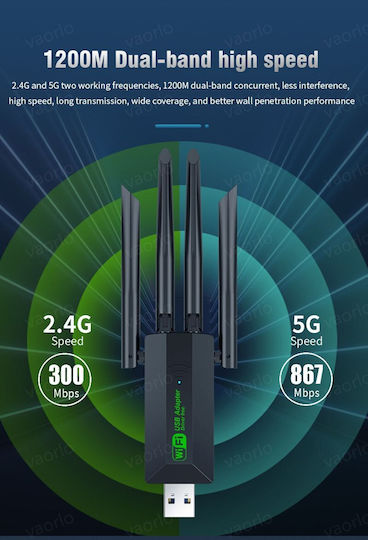 Wifi USB Адаптер Dual Band 2.4G+5GHz Wi-fi Dongle 4 Антени 802.11ac USB 3.0 Високоскоростен 1200Mbps Приемник Безжична Карта За PC Laptop