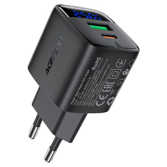Acefast Φορτιστής Χωρίς Καλώδιο GaN με Θύρα USB-A και Θύρα USB-C 25W Μαύρος (A114)