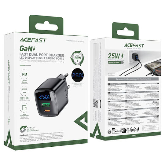 Acefast Φορτιστής Χωρίς Καλώδιο GaN με Θύρα USB-A και Θύρα USB-C 25W Μαύρος (A114)