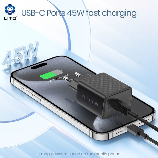 Lito Ladegerät ohne Kabel GaN mit USB-C Anschluss 45W Stromlieferung Schwarzs (LC20)