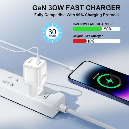 Lito Ladegerät ohne Kabel GaN mit USB-C Anschluss 30W Stromlieferung Weißs (LC11)
