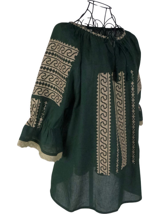 Bluza Damă Bumbac Mânecă Lungă Floral Verde Mușchi
