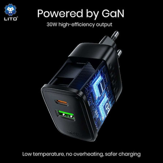 Lito Charger Without Cable GaN with USB-A Port and USB-C Port 30W Quick Charge 3.0 Blacks (LC19)