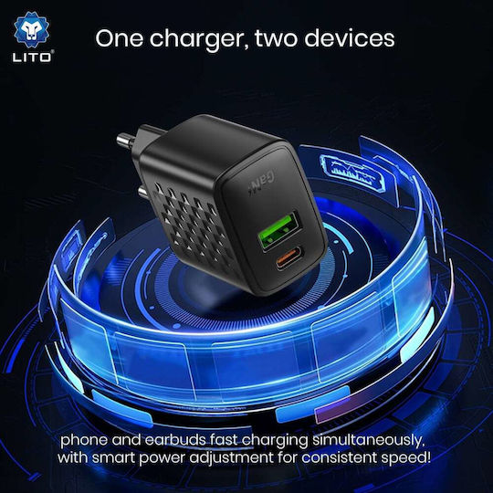 Lito Charger Without Cable GaN with USB-A Port and USB-C Port 30W Quick Charge 3.0 Blacks (LC19)