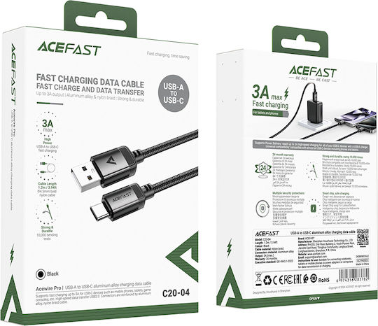Acefast Braided USB 2.0 Cable USB-C male - USB-A 18W Μαύρο 1.2m C20-04