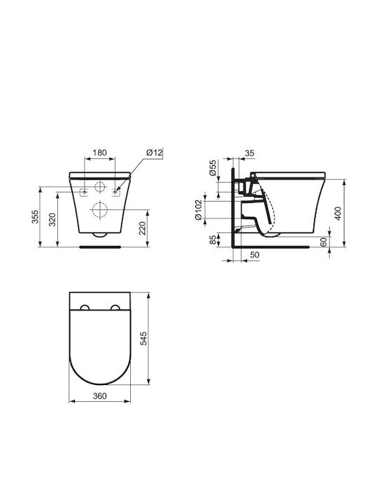 Ideal Standard Wandhängende Toilette mit Deckel Sanftes Schließen Weiße