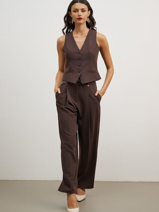 Women's High-waisted Fabric Trousers Regular Fit Brown