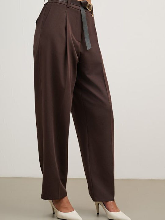 Women's High-waisted Fabric Trousers Regular Fit Brown