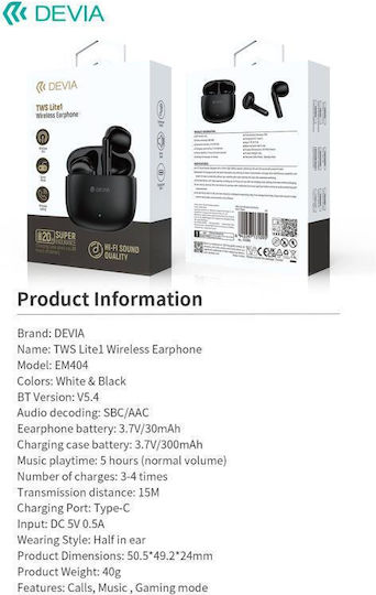 Devia EM404 Lite1 Earbud Bluetooth Handsfree Earphones with Charging Case White