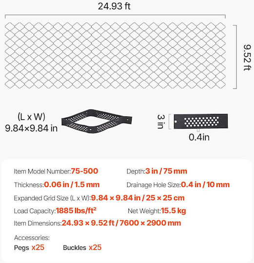 Vevor Ground Grid 3-inch Deep Geocell Grid 24.93x9.52ft 7600x2900mm Gravel