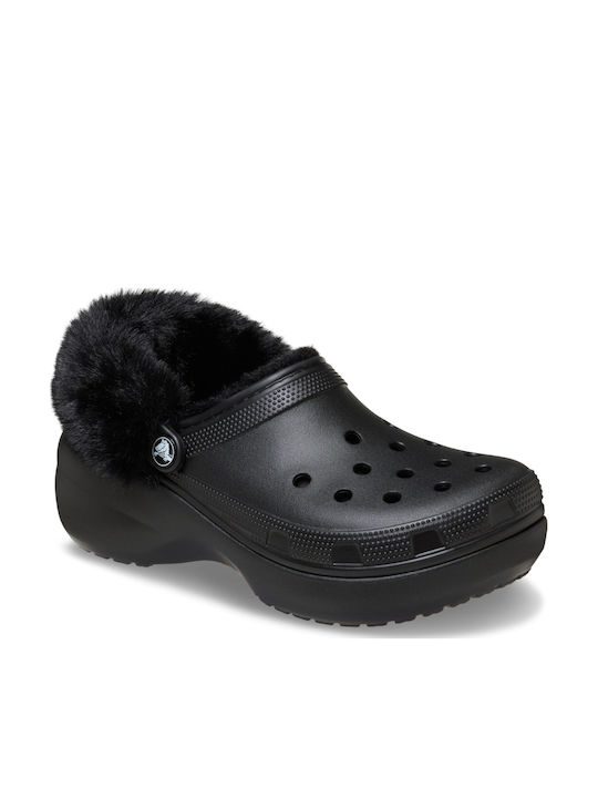 Crocs Saboti Platformă Clasici Pentru Femei Cu Blană Negri