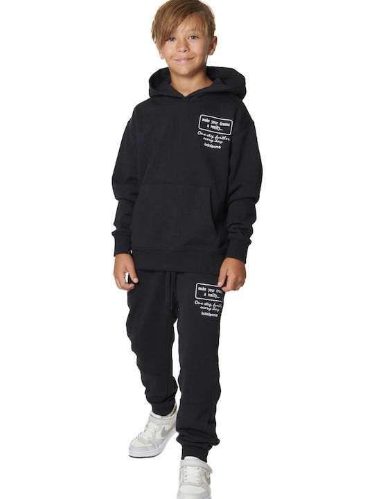 Fleece Παιδικό Φούτερ με Κουκούλα και Τσέπες Μαύρο