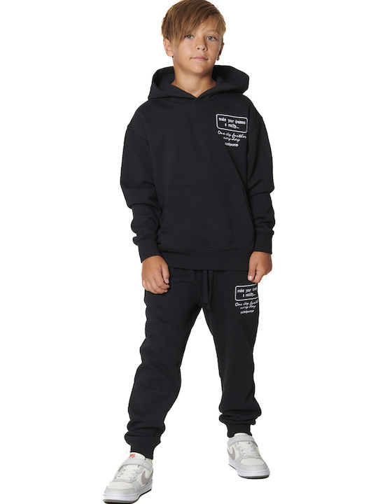 Fleece Παιδικό Φούτερ με Κουκούλα και Τσέπες Μαύρο