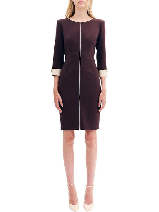 Midi Shirt Dress with 3/4 Sleeve Brown