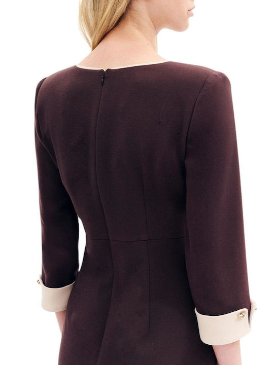 Midi Shirt Dress with 3/4 Sleeve Brown