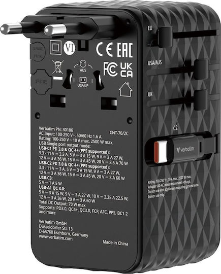 Verbatim Ladegerät GaN mit USB-A Anschluss und USB-C Anschluss und Kabel USB-C 70W Stromlieferung / Schnell-Ladung 4+ Lila (Charge 'n' Travel)