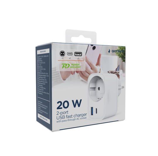 Gembird Charger Without Cable with USB-A Port and USB-C Port 20W Power Delivery / Quick Charge 3.0 Whites (TA-ACPDQC20-01-W)