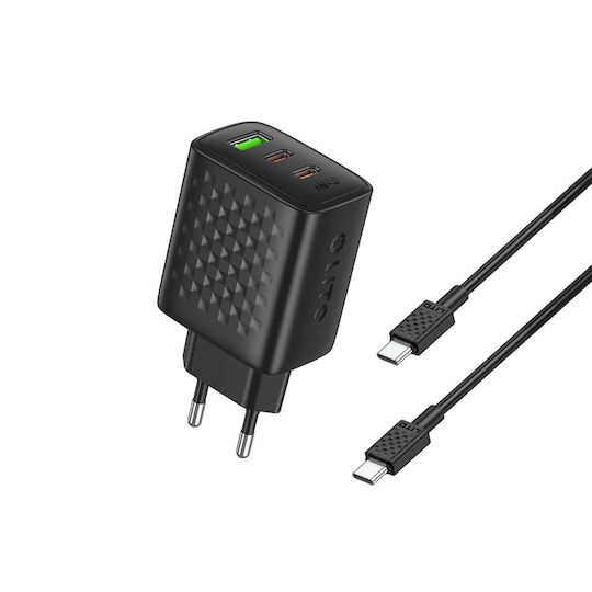 Lito Charger GaN with USB-A Port and 2 USB-C Ports and Cable USB-C - USB-C 65W Power Delivery Blacks (LC25T)