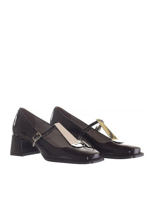 Patent Leather Black Medium Heels with Strap