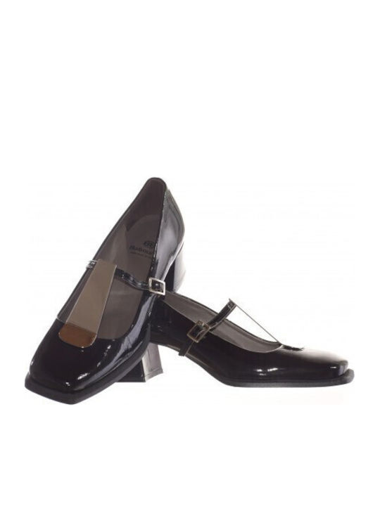 Patent Leather Black Medium Heels with Strap