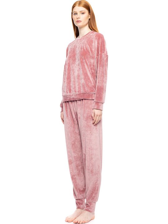 Pink Label Χειμερινό Γυναικείο Σετ Πιτζάμας Βελουτέ Dusty Pink Pink Label Χειμερινό Γυναικείο Σετ Πιτζάμας Βελουτέ Dusty Pink