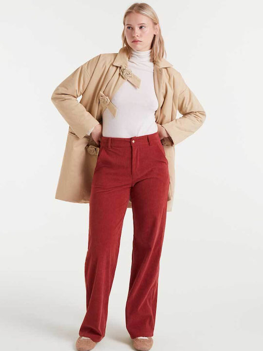 Women's High-waisted Fabric Trousers Straight Line Brown