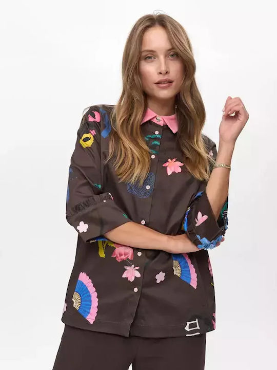 Long Sleeve Women's Corduroy Shirt Black Coffee Floral