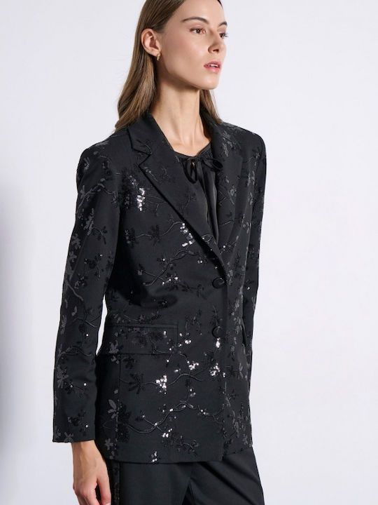 Matis Fashion Μακρύ Γυναικείο Σακάκι Black με Παγιέτες