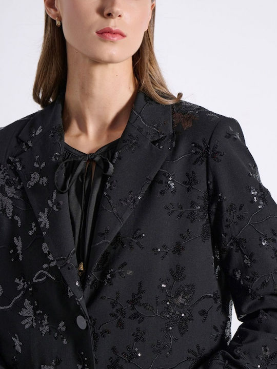 Matis Fashion Μακρύ Γυναικείο Σακάκι Black με Παγιέτες