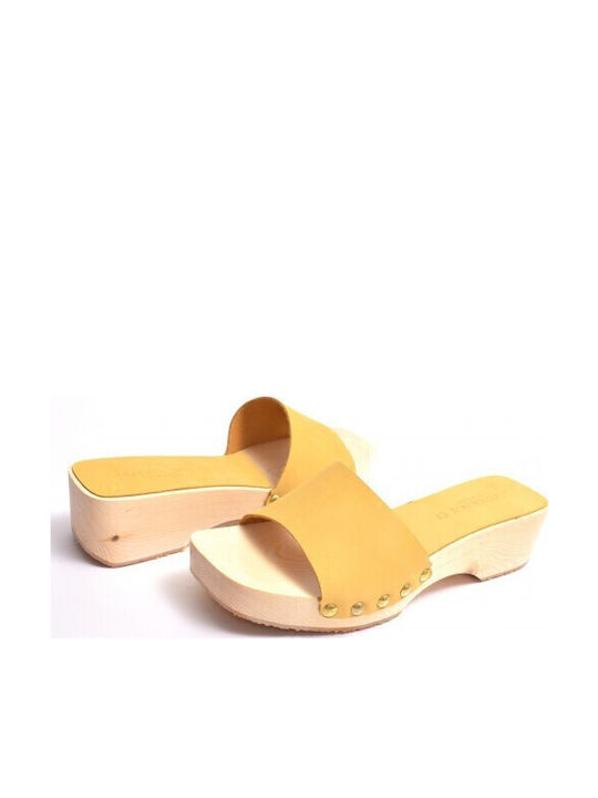 Leder Damen Pantoletten mit Absatz in Gelber Farbe Clog12