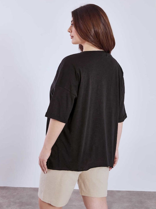 Women's Blouse Cotton with V Neckline Black
