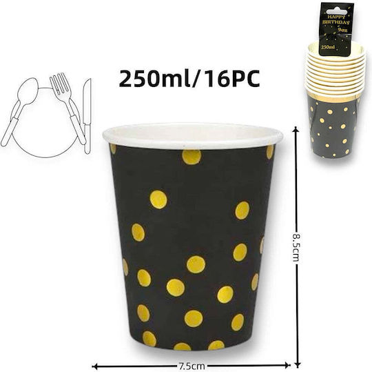 Set of Black Party Paper Cups with Gold Dots 250 Ml – 16 Pieces