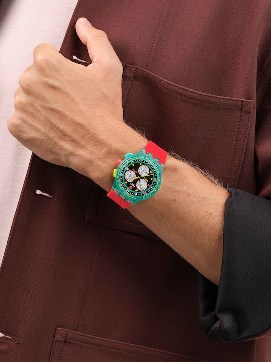 Swatch Unisex Ανδρικό Ρολόι Χρονογράφος Μπαταρίας με Κόκκινο Καουτσούκ Λουράκι